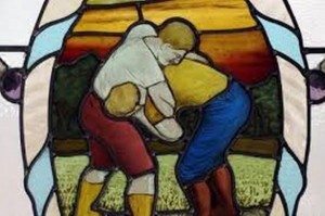 Bains Victoria Vitrail représentant des lutteurs